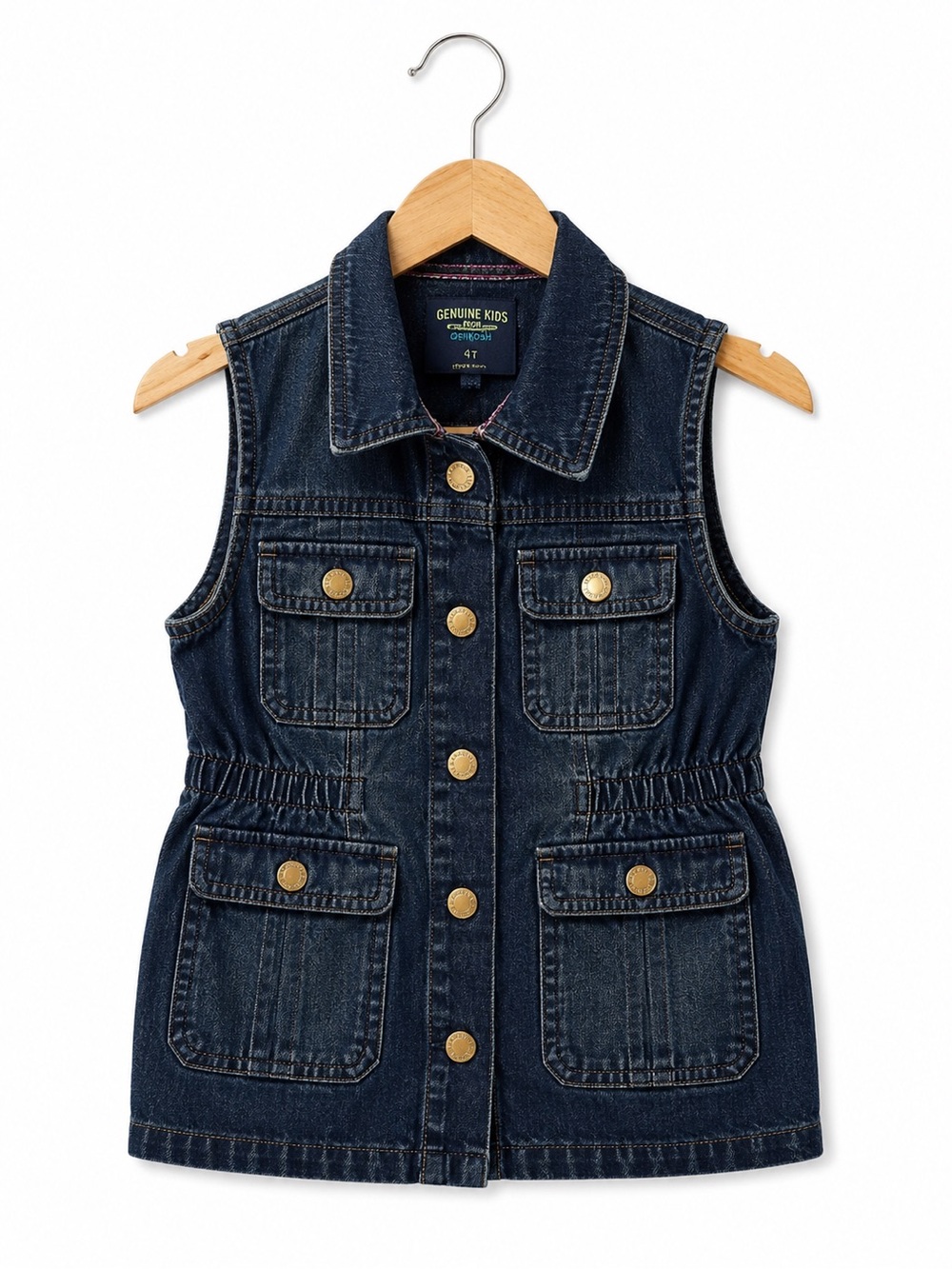 OshKosh B’gosh Genuine Kids Denim Utility Vest Girls 4T Dark Wash Snap Front